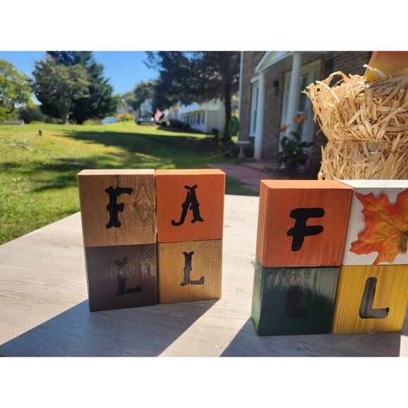 Rustic Wooden Block Set Spelling Fall With Leaf Design - Picture 2 of 3